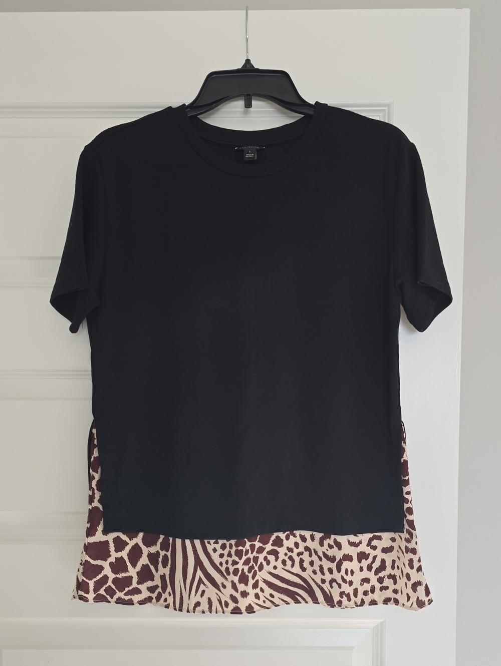 Ann Taylor Black Short Sleeve Top with Brown and Cream Animal-Print Hem